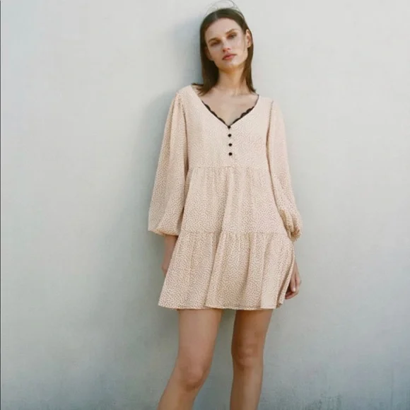 Zara Polka Dot Dress Beige Pink Ref. 7200/025